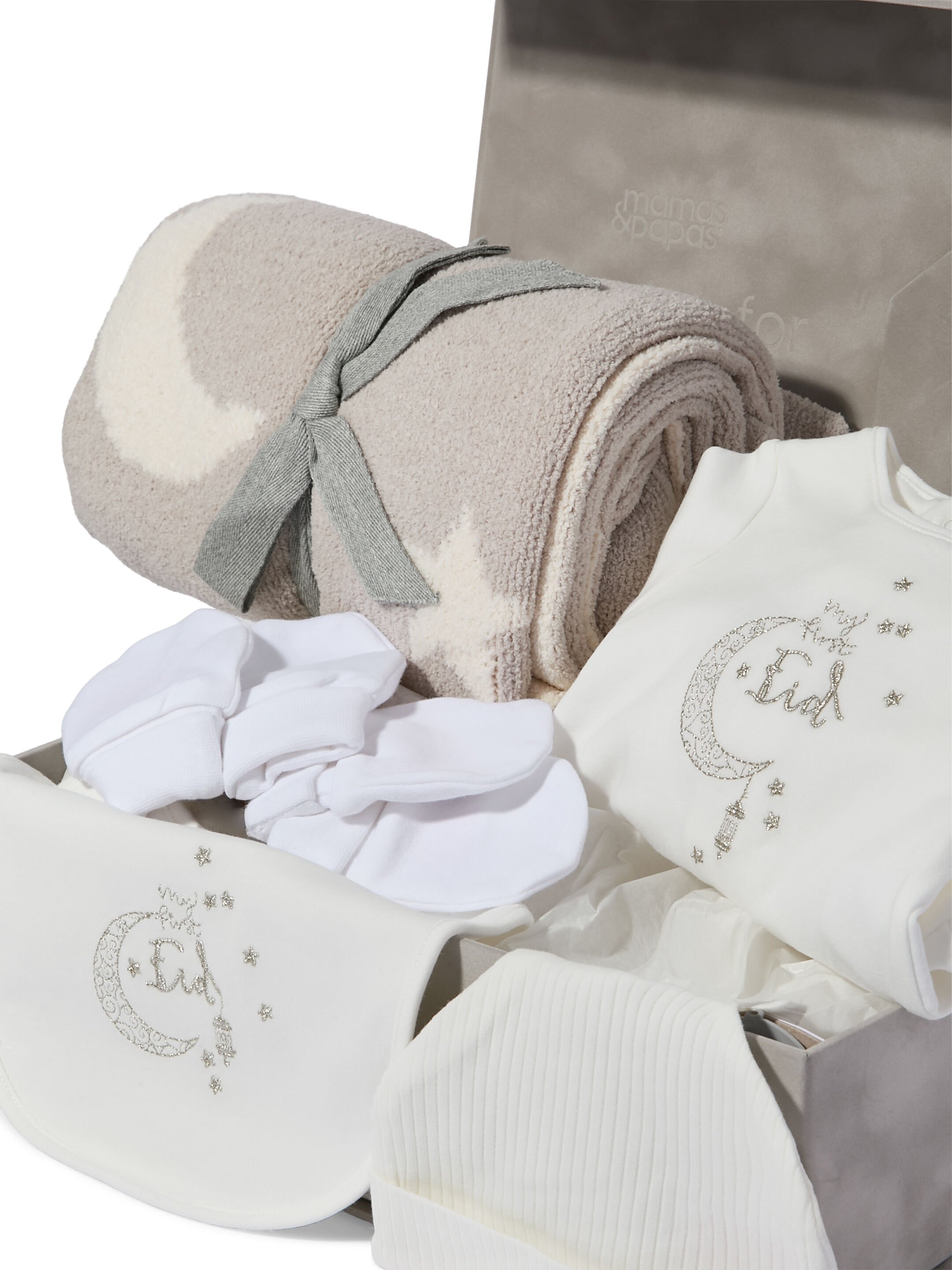 My First Eid Box - 6 Piece Gift Set with Chenille Blanket Neutral Moon/Star image number 2